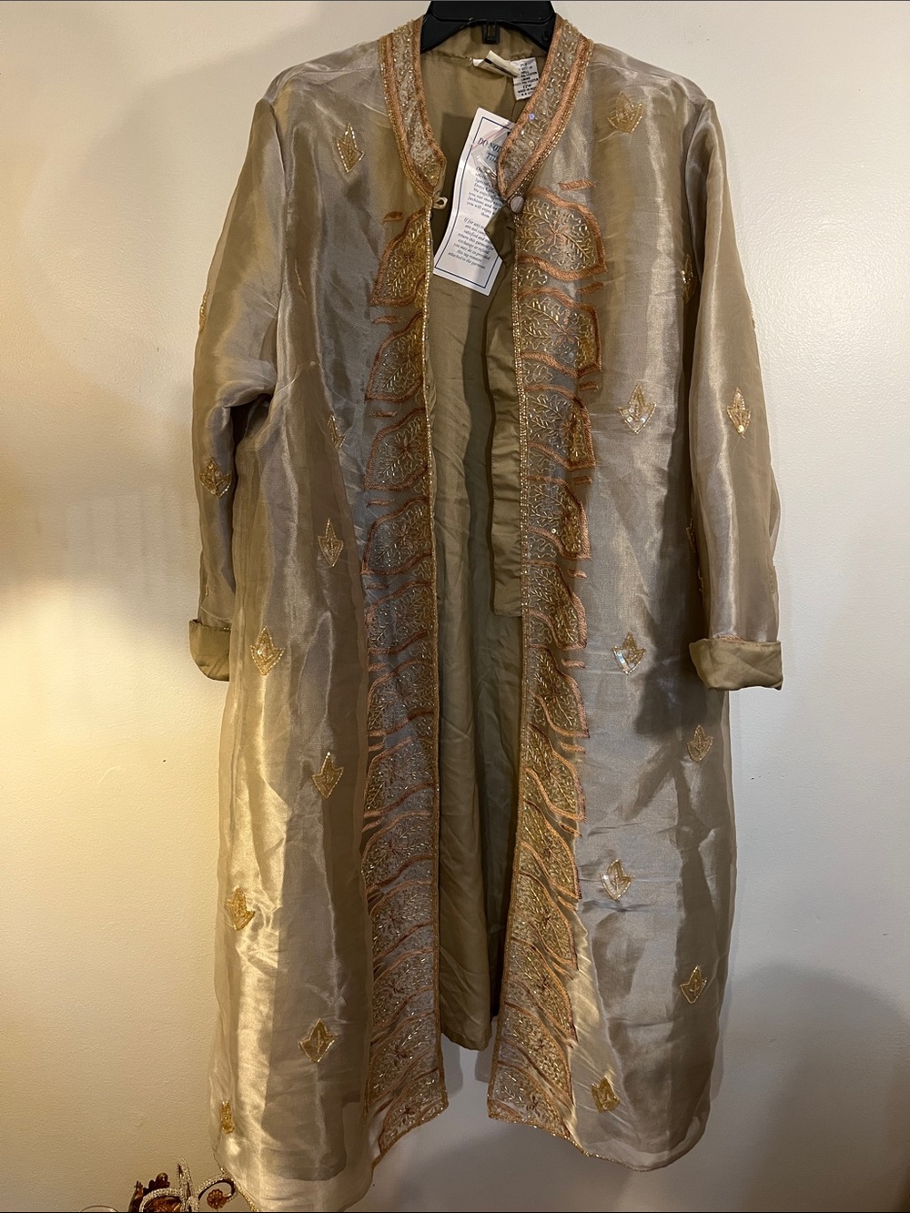 Roaman's Metallic Gold-Trim Long Trench Coat